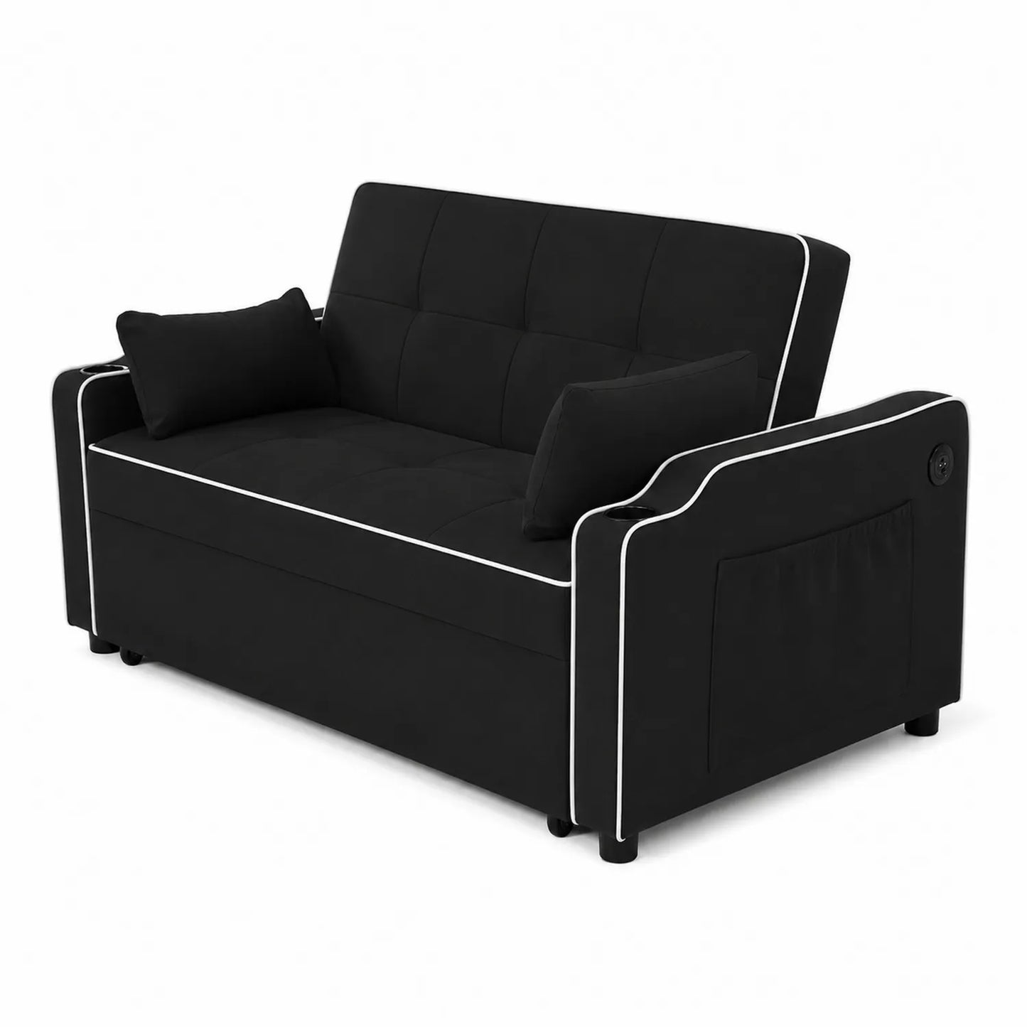 Canapé 2 places en tissu noir avec coussins
