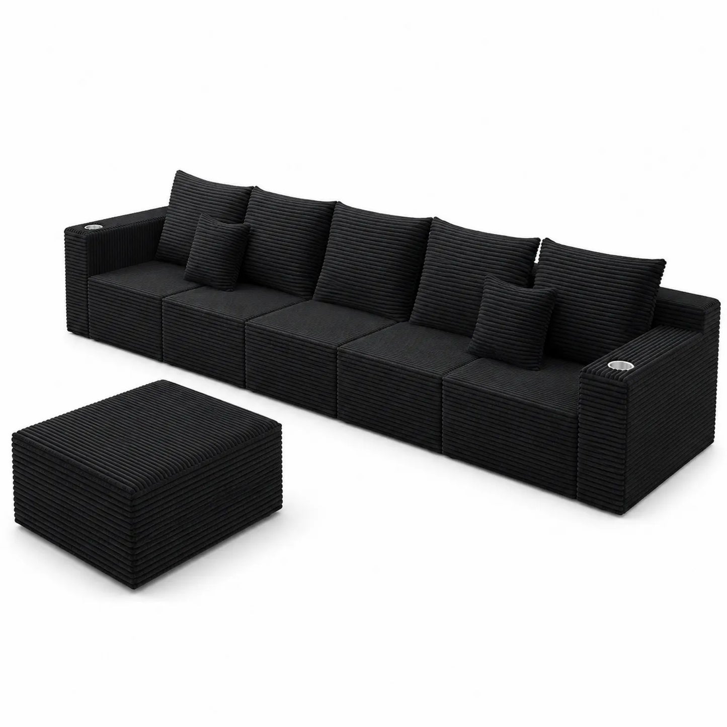Canapé modulaire en tissu côtelé noir avec pouf