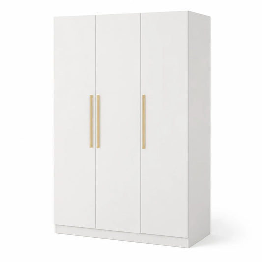 Armoire trois portes en bois blanc avec poignées en métal doré