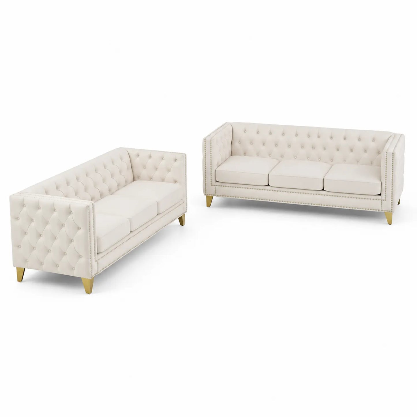 Ensemble de Canapés Chesterfield en Tissu Crème avec Pieds Métalliques Dorés