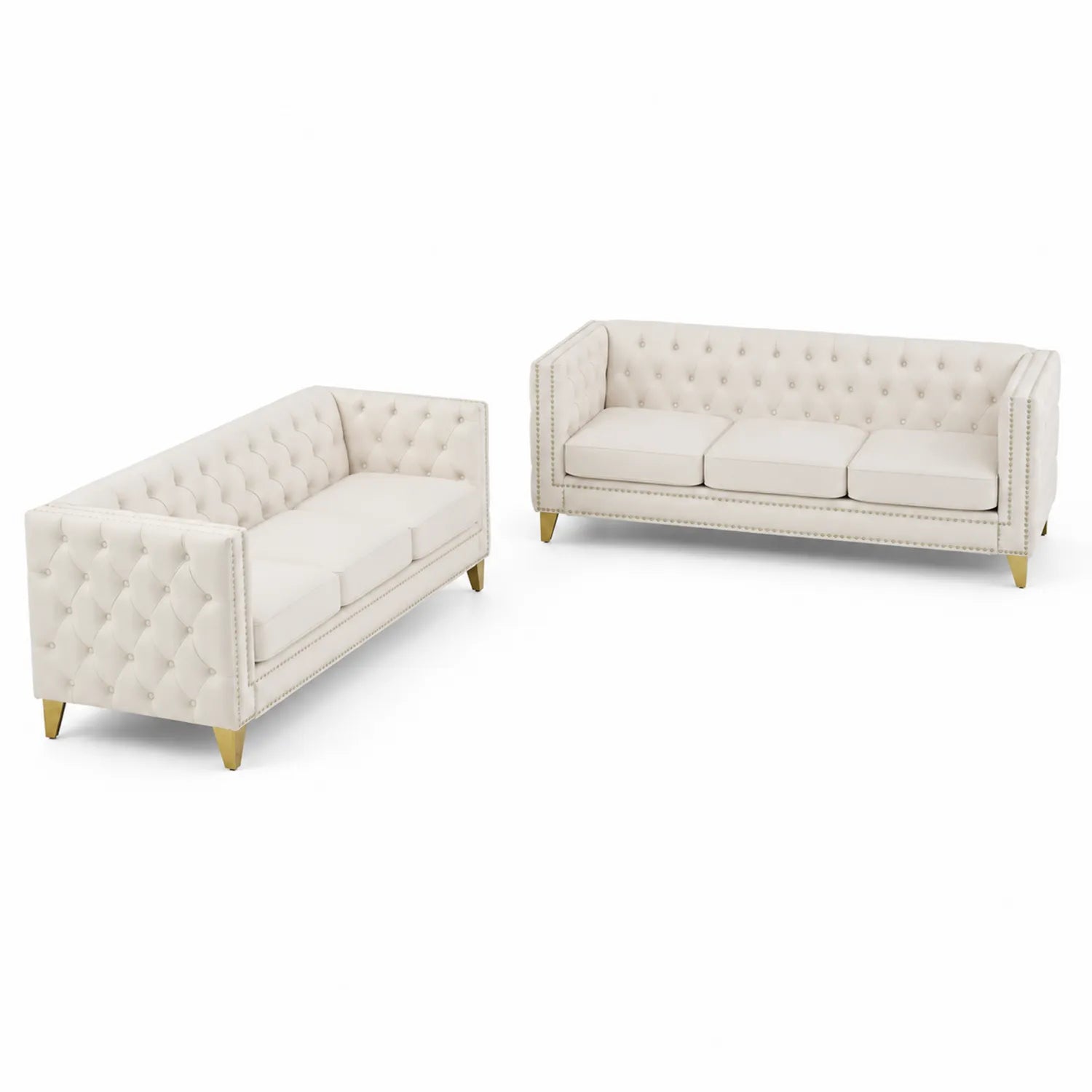 Ensemble de Canapés Chesterfield en Tissu Crème avec Pieds Métalliques Dorés