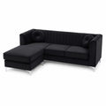 Canapé d'angle en velours noir avec méridienne et pieds en métal chromé