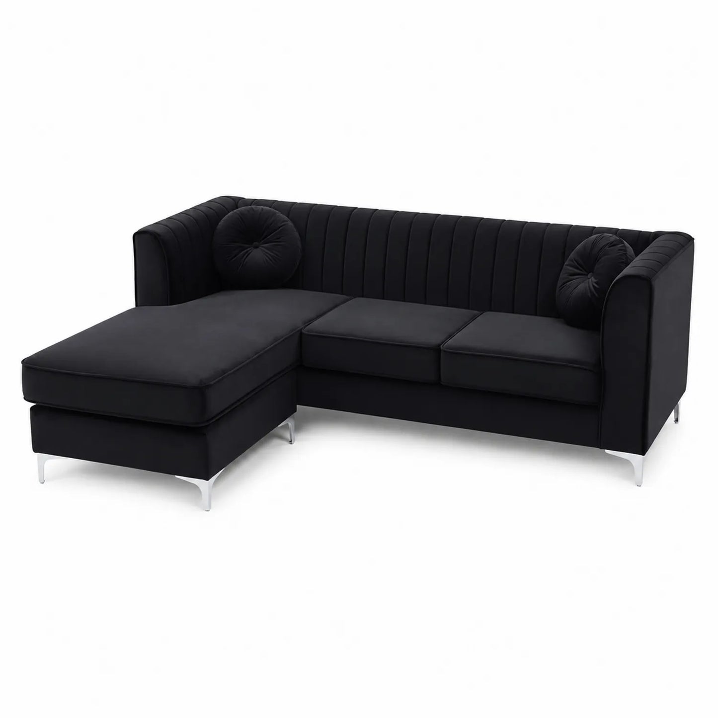 Canapé d'angle en velours noir avec méridienne et pieds en métal chromé