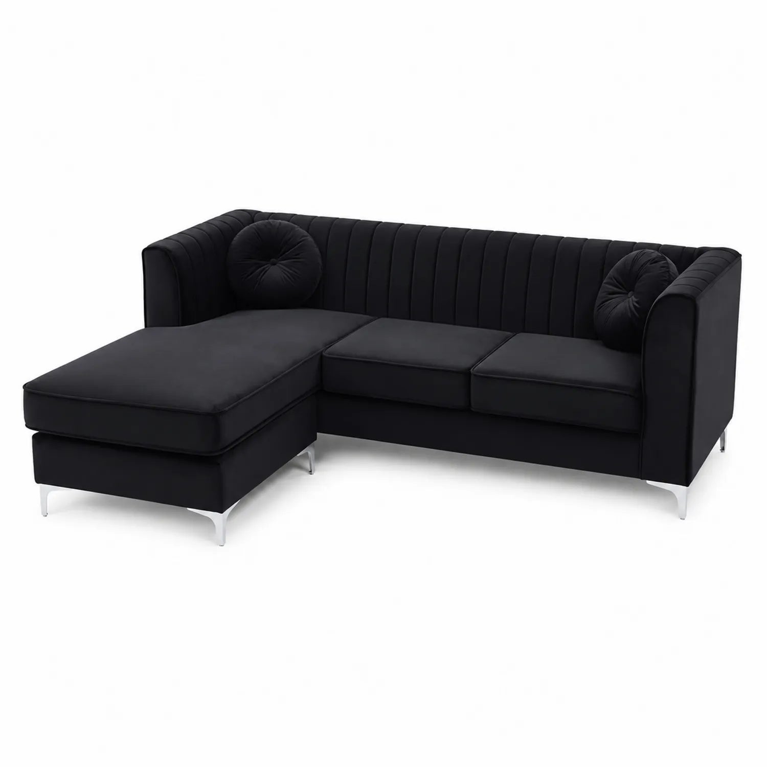 Canapé d'angle en velours noir avec méridienne et pieds en métal chromé