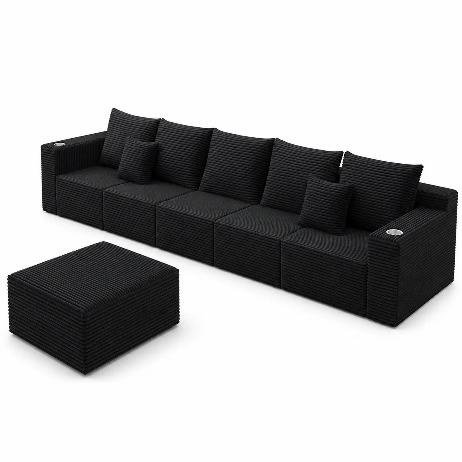Canapé modulaire en tissu côtelé noir avec pouf