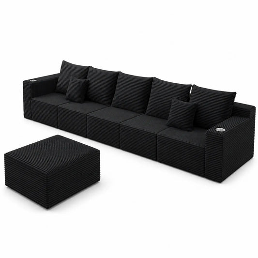 Canapé modulaire en tissu côtelé noir avec pouf