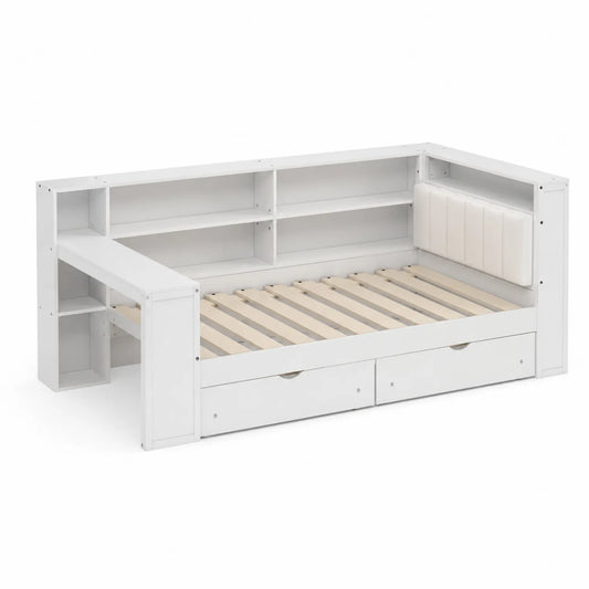 Lit en bois avec étagères blanches et tiroirs