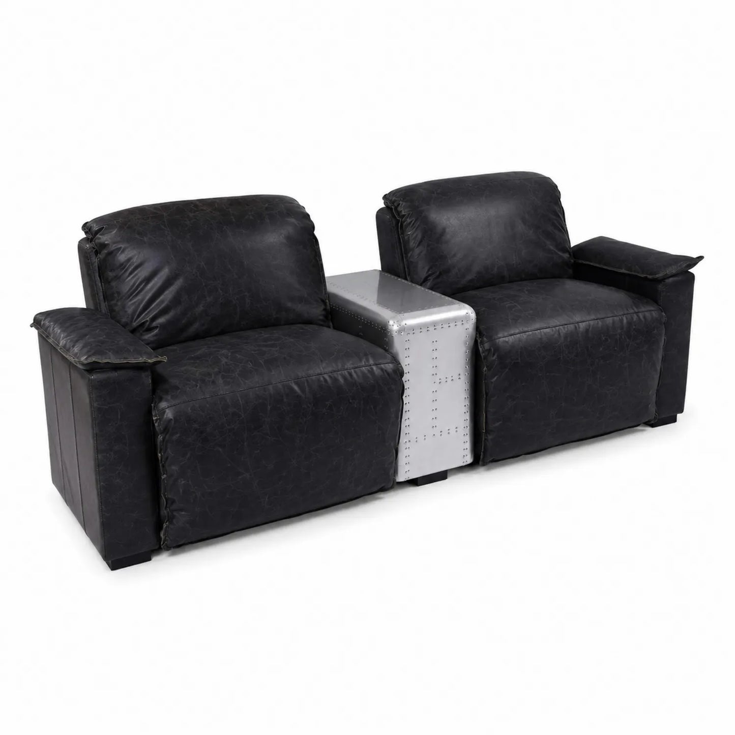 Canapé 2 places en cuir synthétique noir avec console centrale en aluminium
