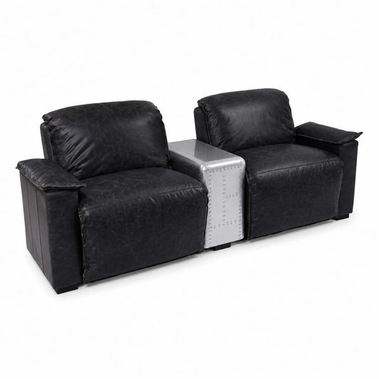 Canapé 2 places en cuir synthétique noir avec console centrale en aluminium