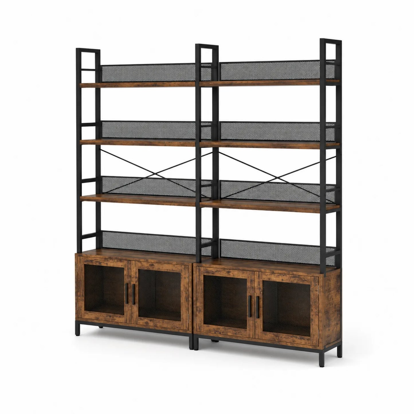 Bibliothèque industrielle en métal noir et bois avec placards 182 cm